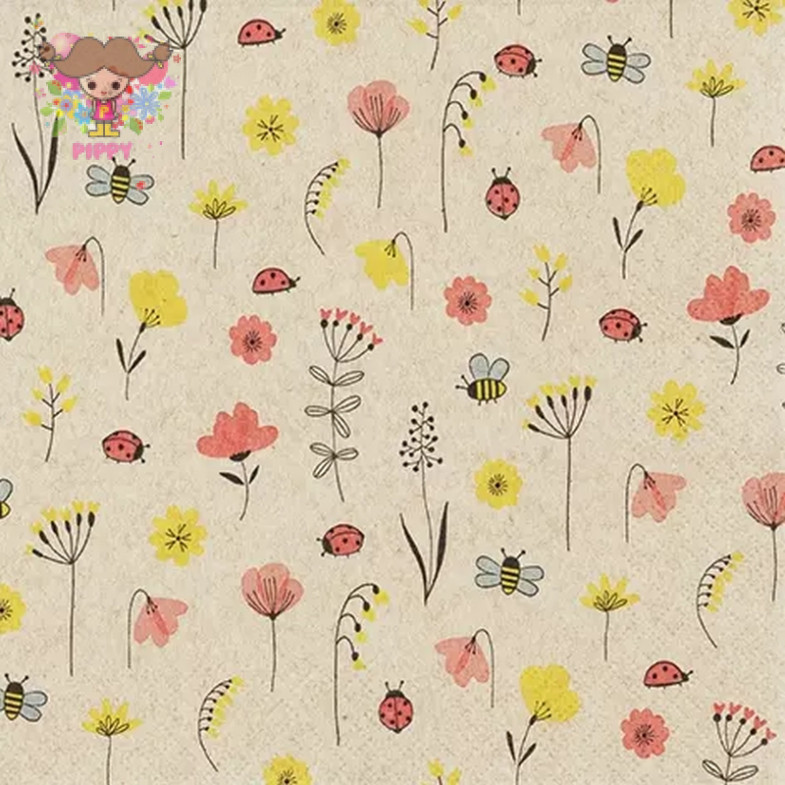 Home Fashion ランチサイズペーパーナプキン 可愛いてんとう虫とミツバチ イラスト ナチュラル 花柄