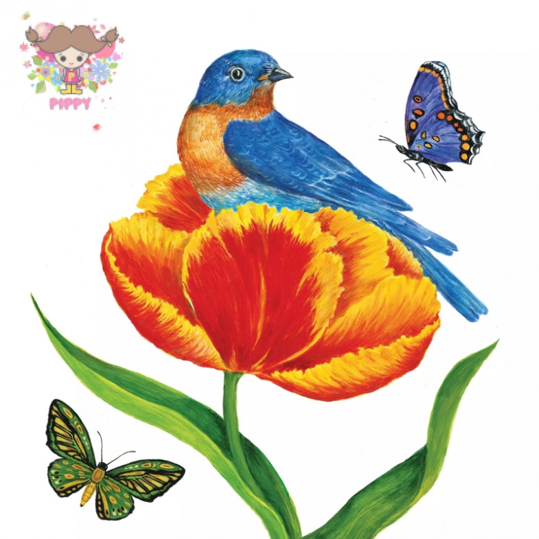 PPD ランチサイズペーパーナプキン ☆青い鳥のチューリップの巣 イソヒヨドリ 蝶々 花柄 動物 ( Tulip Nest)☆（20枚入り）