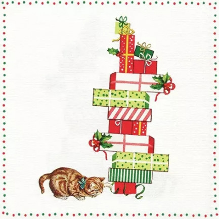 HOME FASHION ランチサイズペーパーナプキン☆子猫とクリスマスプレゼント 動物 (Caand Presents)☆（20枚入り）