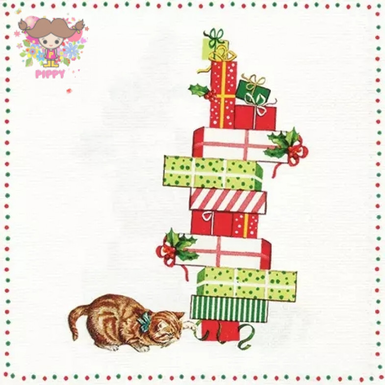 HOME FASHION ランチサイズペーパーナプキン☆子猫とクリスマスプレゼント 動物 (Caand Presents)☆（20枚入り）