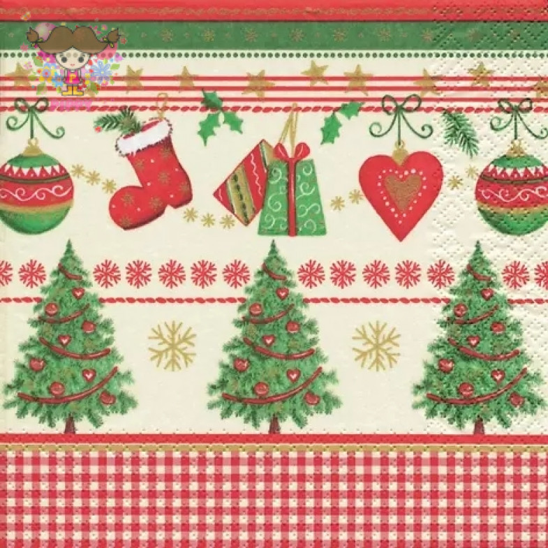HOME FASHION ランチサイズペーパーナプキン☆レトロでかわいいクリスマスツリー オーナメント チェック (Traditional Christmas)☆（20枚入り）