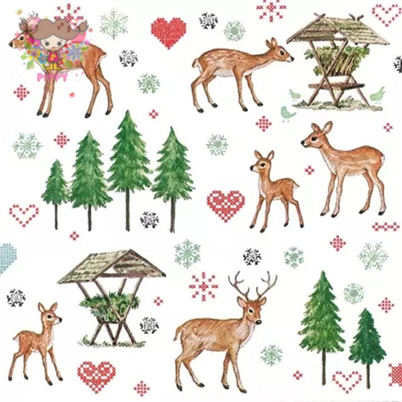 HOME FASHION ランチサイズペーパーナプキン☆可愛いシカの親子 クリスマス クリスタル 動物(Charming Deers)☆（20枚入り）