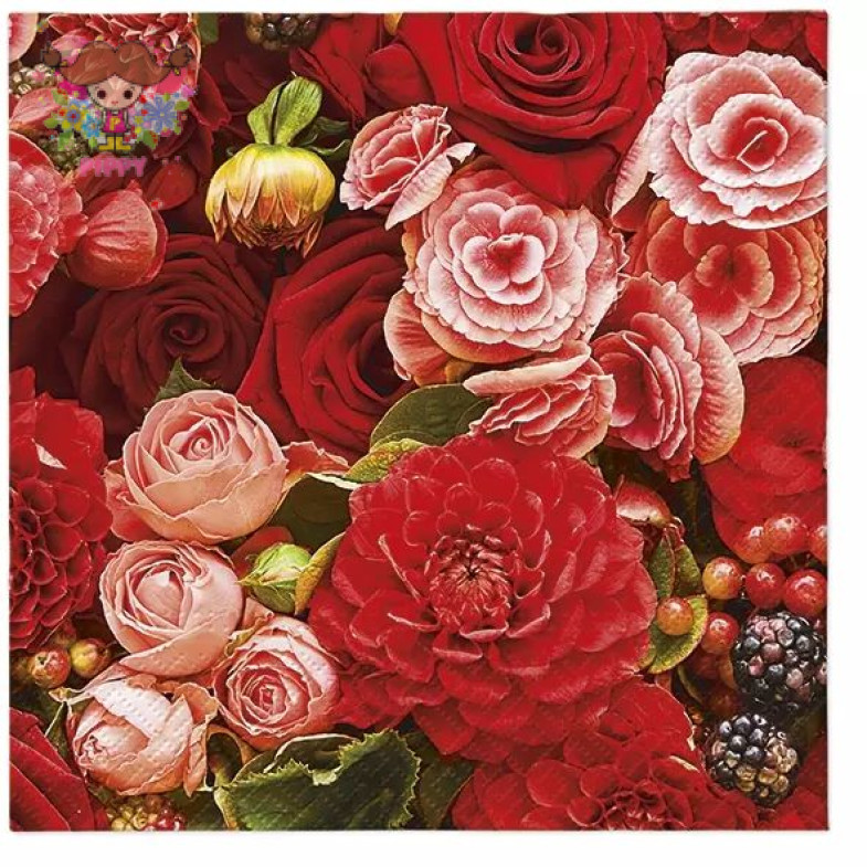 TETE a TETE ランチサイズペーパーナプキン☆Red Bouquet☆ダリア 薔薇 バラ 赤 ブーケ 花柄（20枚入り）