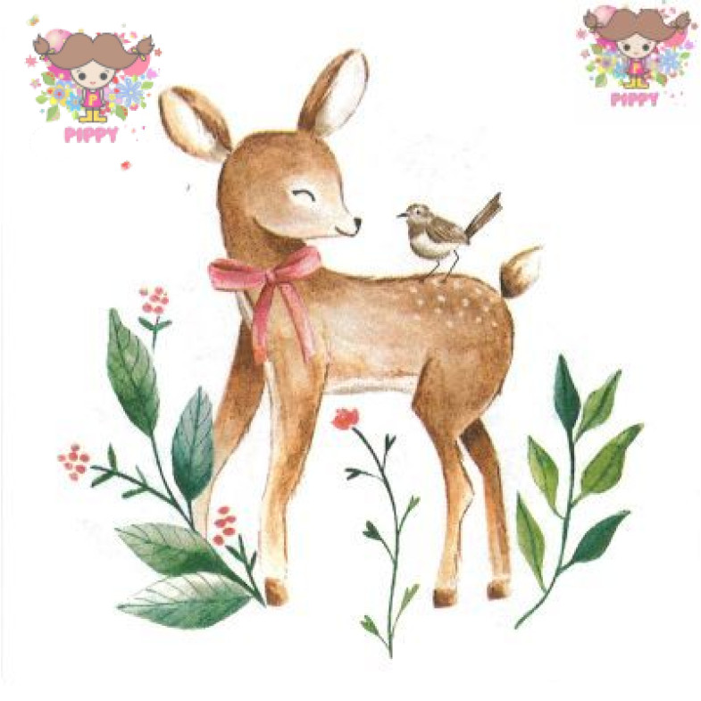 Fasana 【カクテルサイズ】ペーパーナプキン☆baby deer☆(W24cm×L24cm) 小鹿 小鳥 動物 花柄（20枚入り)